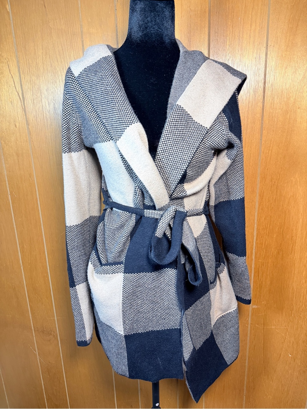 Rachel Zoe Hooded Belted Plaid Cardigan - Navy & Cream Size S